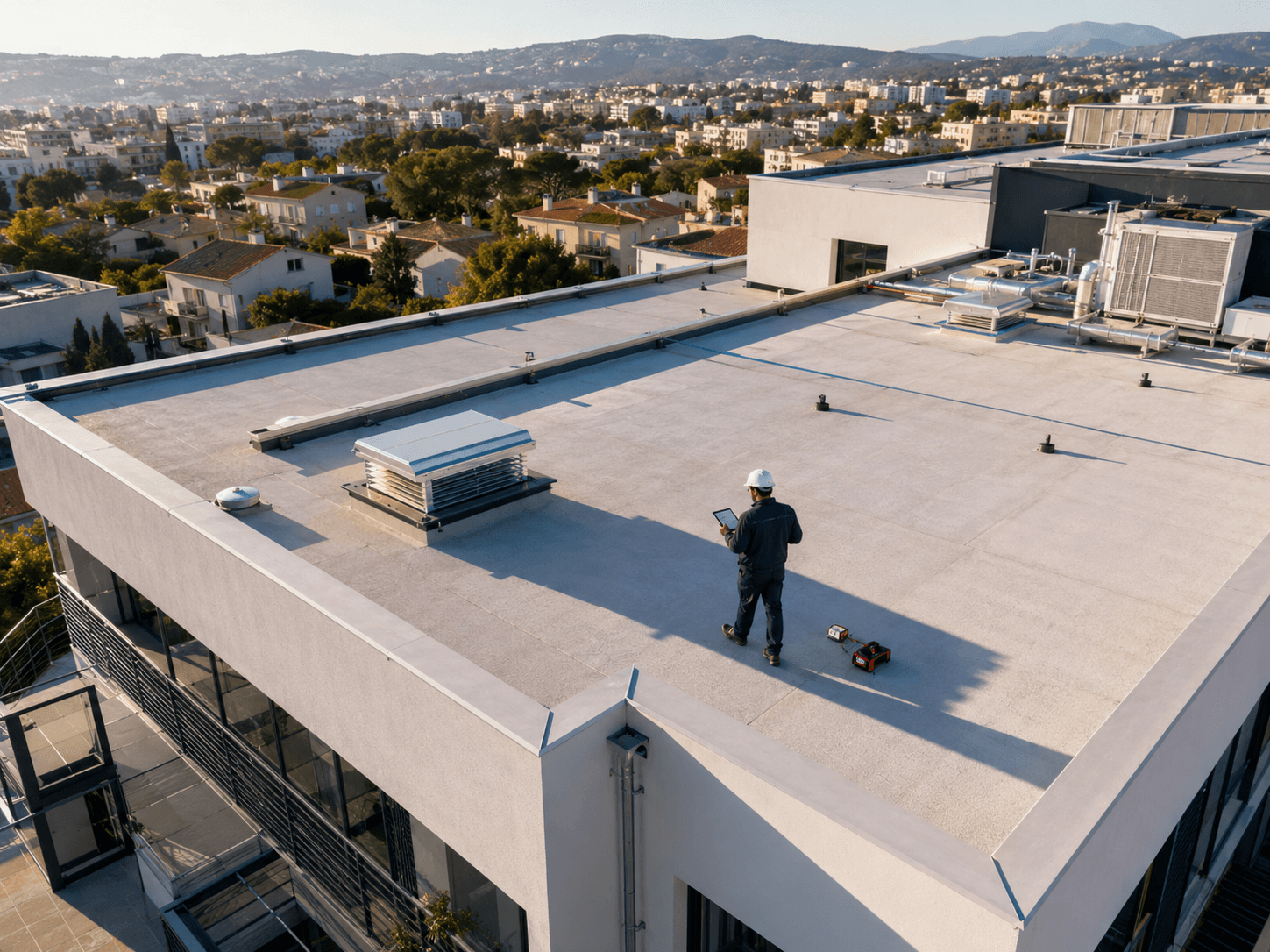 Technicien Varona intervenant sur une toiture terrasse